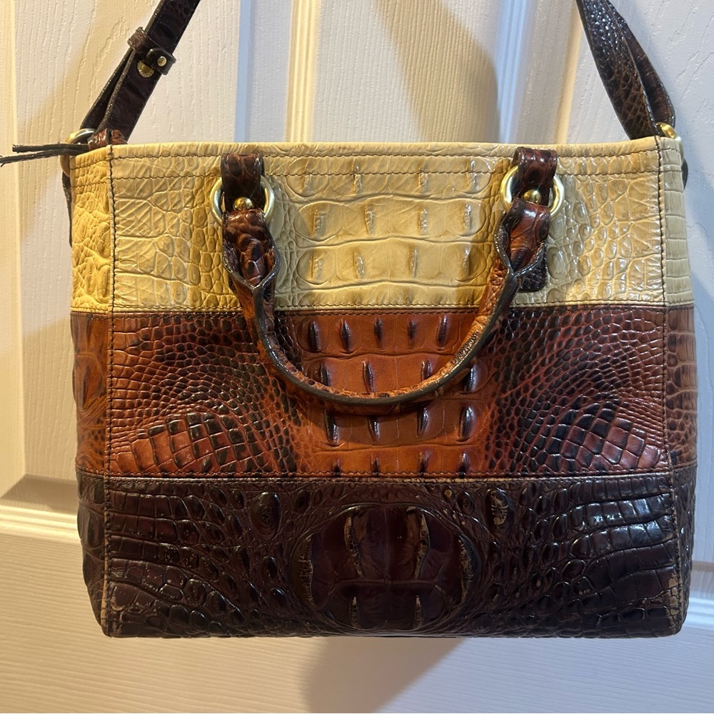 Brahmin Cream and Brown Croc-Embossed Shoulder Bag